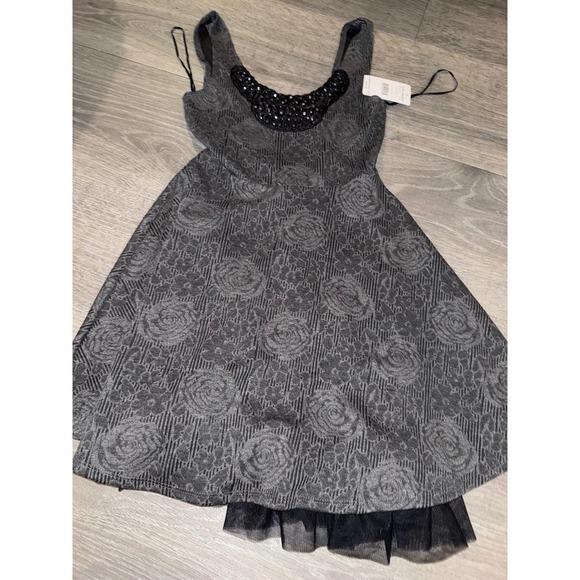 Free People Charcoal Floral Jacquard Beaded Tulle Hem Dress F575Z402 XS NEW - Picture 3 of 5